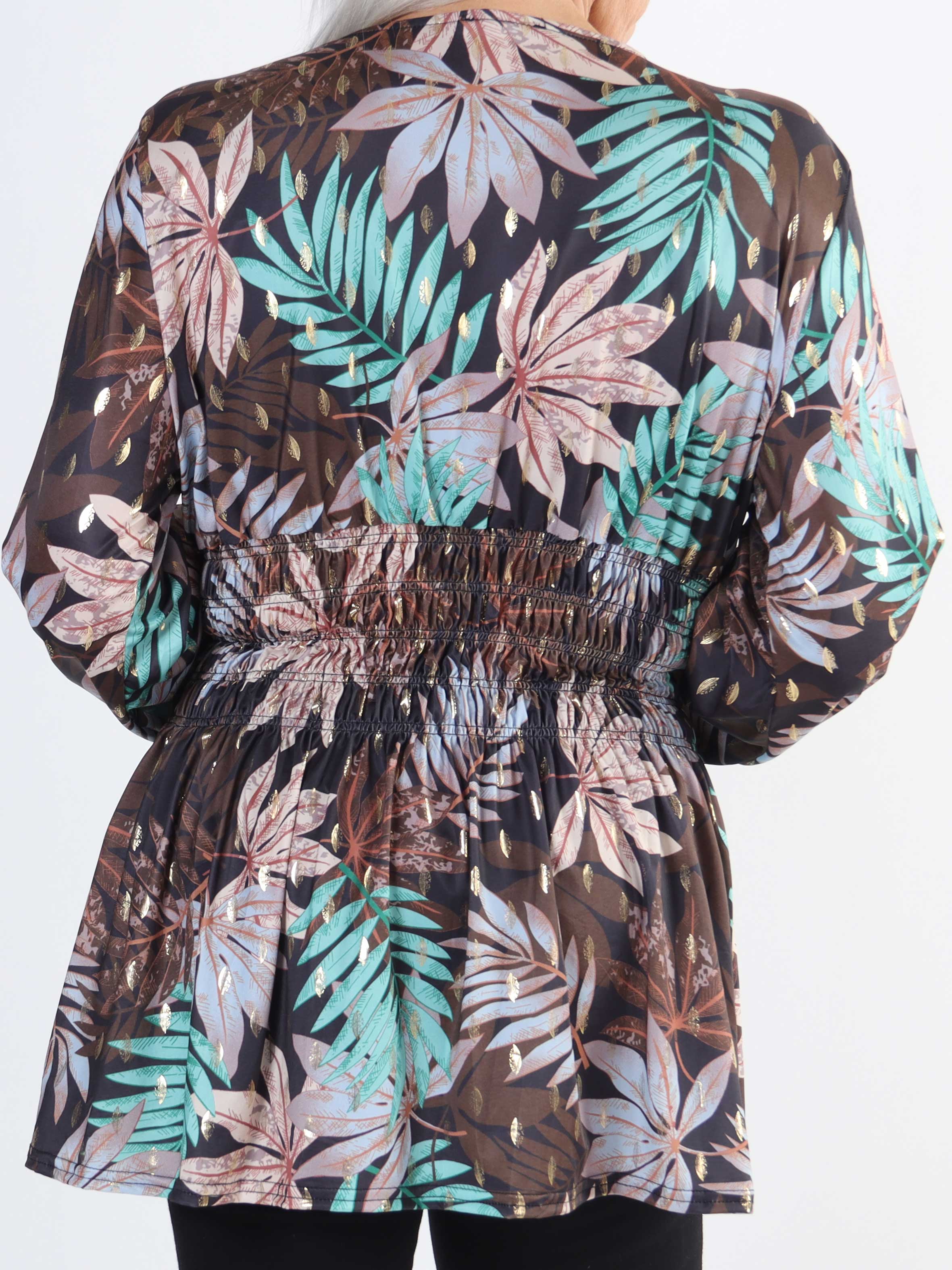 Pams Leaf Shirt L/S - Elastisk plus size bluse i krølfrit stof
